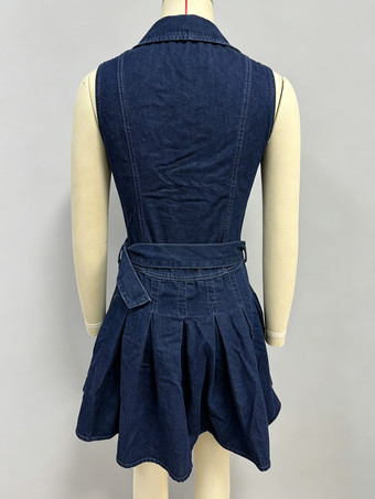 レディースノースリーブデニムミニドレス - Y2Kプリーツベルト付きボタンアップジーンズスケータードレス - 夏のカジュアルピクニック 2026