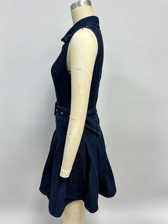 レディースノースリーブデニムミニドレス - Y2Kプリーツベルト付きボタンアップジーンズスケータードレス - 夏のカジュアルピクニック 2026