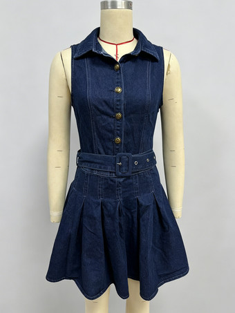 レディースノースリーブデニムミニドレス - Y2Kプリーツベルト付きボタンアップジーンズスケータードレス - 夏のカジュアルピクニック 2026