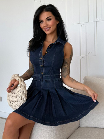 レディースノースリーブデニムミニドレス - Y2Kプリーツベルト付きボタンアップジーンズスケータードレス - 夏のカジュアルピクニック 2026