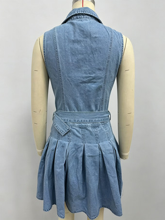 レディースノースリーブデニムミニドレス - Y2Kプリーツベルト付きボタンアップジーンズスケータードレス - 夏のカジュアルピクニック 2026