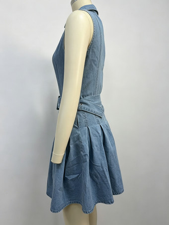 レディースノースリーブデニムミニドレス - Y2Kプリーツベルト付きボタンアップジーンズスケータードレス - 夏のカジュアルピクニック 2026