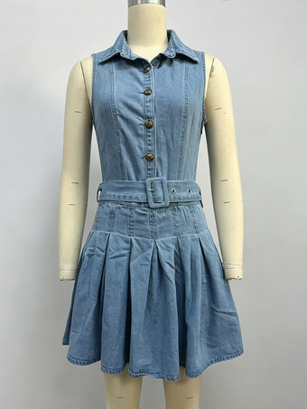 レディースノースリーブデニムミニドレス - Y2Kプリーツベルト付きボタンアップジーンズスケータードレス - 夏のカジュアルピクニック 2026
