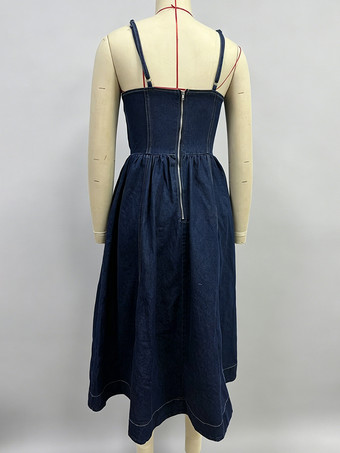 レディースデニムミディサマードレス - ダークブルーのセクシーなコルセットトッププリーツAラインスリップドレス - 夏のカジュアルピクニック 2026