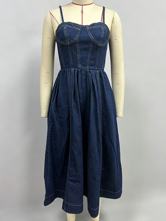 レディースデニムミディサマードレス - ダークブルーのセクシーなコルセットトッププリーツAラインスリップドレス - 夏のカジュアルピクニック 2026