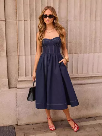 Denim Midi Sun Dress For Women - Dark Blue Sexy Corset Top Pleated A-Line Slip Dress - Summer Casual Picnic 2026 Denim Midi Sun Dress For Women - Dark Blue Sexy Corset Top Pleated A-Line Slip Dress - Summer Casual Picnic 2026