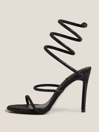 ハイヒール プロムシューズ ブラック オープントゥ ラインストーン ストラップサンダルシューズ