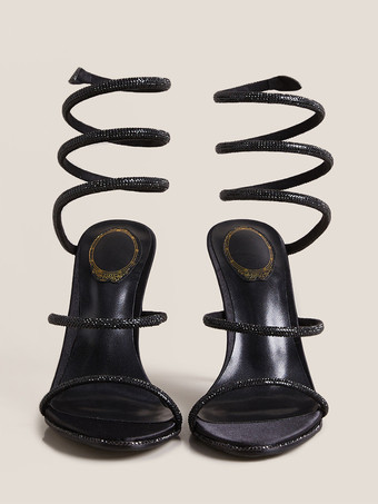 ハイヒール プロムシューズ ブラック オープントゥ ラインストーン ストラップサンダルシューズ