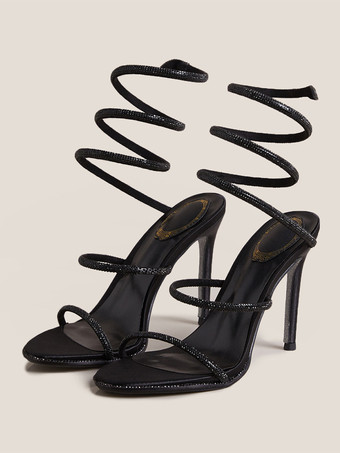 ハイヒール プロムシューズ ブラック オープントゥ ラインストーン ストラップサンダルシューズ