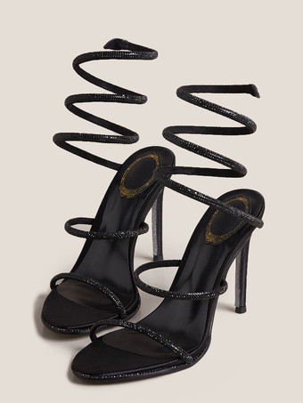 ハイヒール プロムシューズ ブラック オープントゥ ラインストーン ストラップサンダルシューズ