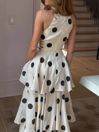 水玉模様のスカート2点セット（レディース） - レトロなホルターネッククロップトップとティアードマキシスカート - サマーガーデンパーティー2026