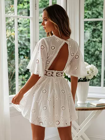 fit and flare beach dress for women White Eyelet Backless Mini Dress For Women - Boho Flare Sleeve Fit And  Flare Cotton Sundress