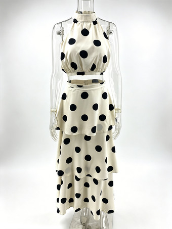 水玉模様のスカート2点セット（レディース） - レトロなホルターネッククロップトップとティアードマキシスカート - サマーガーデンパーティー2026