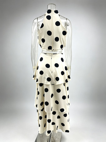 水玉模様のスカート2点セット（レディース） - レトロなホルターネッククロップトップとティアードマキシスカート - サマーガーデンパーティー2026