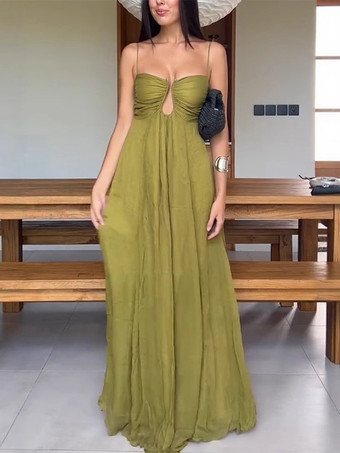 セクシーなカットアウトマキシドレス（女性用） - ギャザー入りバスト、スパゲッティストラップ、ボヘミアン風のゆったりとしたサマードレス - 2026年の夏のビーチバケーション