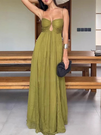 セクシーなカットアウトマキシドレス（女性用） - ギャザー入りバスト、スパゲッティストラップ、ボヘミアン風のゆったりとしたサマードレス - 2026年の夏のビーチバケーション