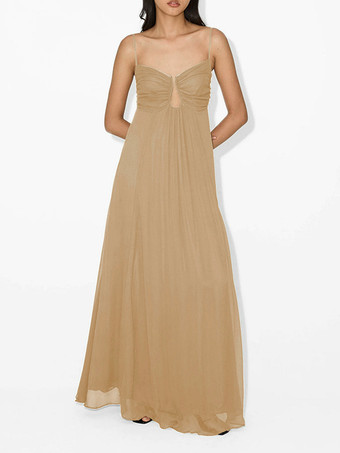 カーキ セクシーなカットアウトマキシドレス（女性用） - ギャザー入りバスト、スパゲッティストラップ、ボヘミアン風のゆったりとしたサマードレス - 2026年の夏のビーチバケーション