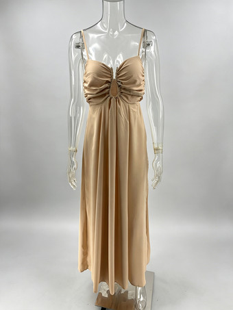 セクシーなカットアウトマキシドレス（女性用） - ギャザー入りバスト、スパゲッティストラップ、ボヘミアン風のゆったりとしたサマードレス - 2026年の夏のビーチバケーション