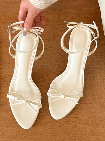 アプリコットハイヒールサンダル レディース オープントゥ リボン アンクルストラップ プロムシューズ