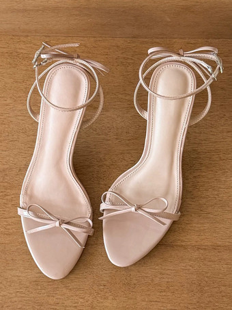 ピンクハイヒールサンダル レディース オープントゥ リボン アンクルストラップ プロムシューズ