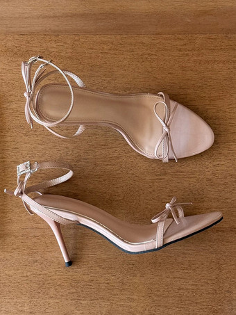 ハイヒールサンダル レディース オープントゥ リボン アンクルストラップ プロムシューズ