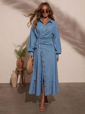 ライトスカイブルーランタンスリーブデニムマキシドレス（レディース） - ライトウォッシュウエスタンスタイルクロスラップウエストシャツドレス - 春のデイリーカジュアル2026