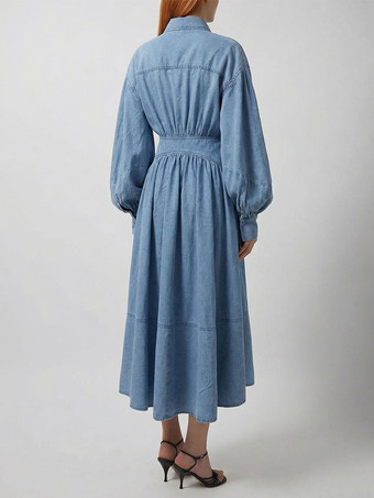 ランタンスリーブデニムマキシドレス（レディース） - ライトウォッシュウエスタンスタイルクロスラップウエストシャツドレス - 春のデイリーカジュアル2026