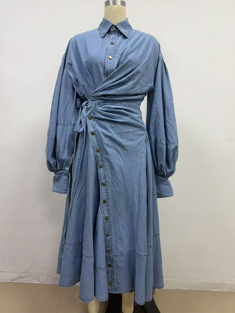 ランタンスリーブデニムマキシドレス（レディース） - ライトウォッシュウエスタンスタイルクロスラップウエストシャツドレス - 春のデイリーカジュアル2026