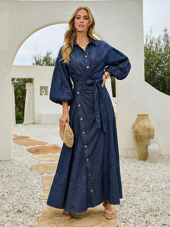 ディープブルーランタンスリーブデニムマキシドレス（レディース） - ライトウォッシュウエスタンスタイルクロスラップウエストシャツドレス - 春のデイリーカジュアル2026