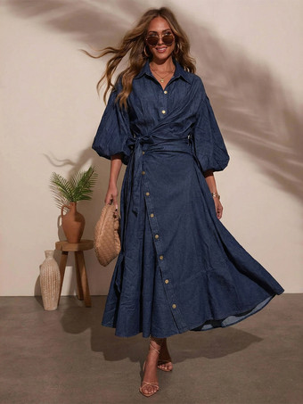ランタンスリーブデニムマキシドレス（レディース） - ライトウォッシュウエスタンスタイルクロスラップウエストシャツドレス - 春のデイリーカジュアル2026