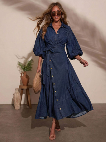 ランタンスリーブデニムマキシドレス（レディース） - ライトウォッシュウエスタンスタイルクロスラップウエストシャツドレス - 春のデイリーカジュアル2026