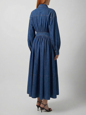 ランタンスリーブデニムマキシドレス（レディース） - ライトウォッシュウエスタンスタイルクロスラップウエストシャツドレス - 春のデイリーカジュアル2026