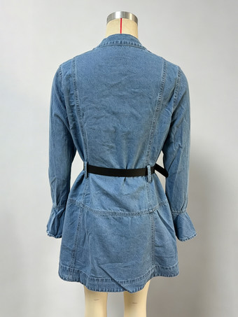 レディース用ベルスリーブミニデニムドレス - ライトブルーフレアカフボタンダウンベルト付きジーンズシャツドレス - 春のデイリーカジュアル2026