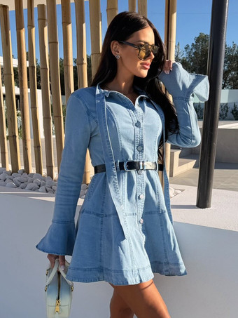 レディース用ベルスリーブミニデニムドレス - ライトブルーフレアカフボタンダウンベルト付きジーンズシャツドレス - 春のデイリーカジュアル2026