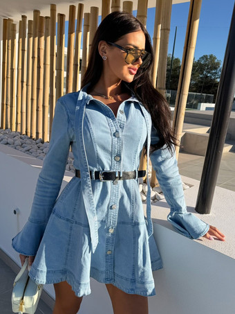 レディース用ベルスリーブミニデニムドレス - ライトブルーフレアカフボタンダウンベルト付きジーンズシャツドレス - 春のデイリーカジュアル2026