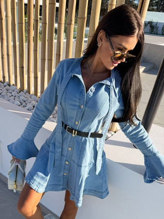 レディース用ベルスリーブミニデニムドレス - ライトブルーフレアカフボタンダウンベルト付きジーンズシャツドレス - 春のデイリーカジュアル2026