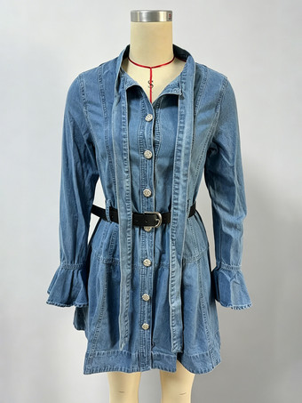 レディース用ベルスリーブミニデニムドレス - ライトブルーフレアカフボタンダウンベルト付きジーンズシャツドレス - 春のデイリーカジュアル2026