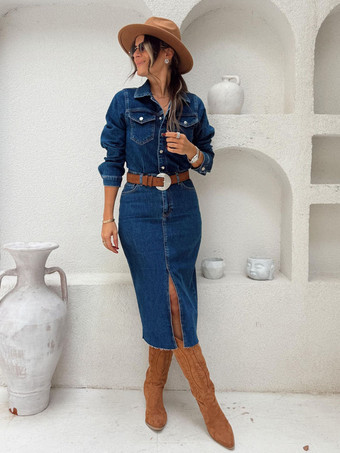 ブルー レディース長袖デニムミディドレス - ブルーウエスタンスタイルボタンフロントスリット入りボディコンジーンズドレス - 春のデイリーカジュアル2026