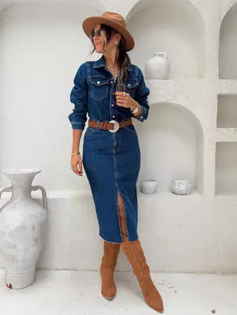 Long Sleeve Denim Midi Dress For Women - Blue Western Style Button Front Split Front Bodycon Jean Dress - Spring Daily Casual 2026