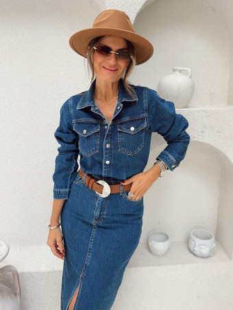 レディース長袖デニムミディドレス - ブルーウエスタンスタイルボタンフロントスリット入りボディコンジーンズドレス - 春のデイリーカジュアル2026