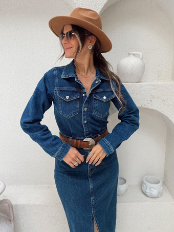 レディース長袖デニムミディドレス - ブルーウエスタンスタイルボタンフロントスリット入りボディコンジーンズドレス - 春のデイリーカジュアル2026