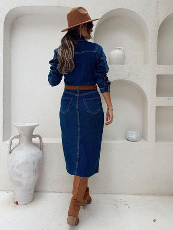 レディース長袖デニムミディドレス - ブルーウエスタンスタイルボタンフロントスリット入りボディコンジーンズドレス - 春のデイリーカジュアル2026