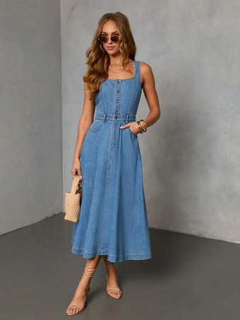 ブルー レディース用ノースリーブミディデニムドレス - ミディアムブルースクエアネックボタンアップフィット＆フレアジーンズサマードレス - 夏のカジュアルピクニック 2026