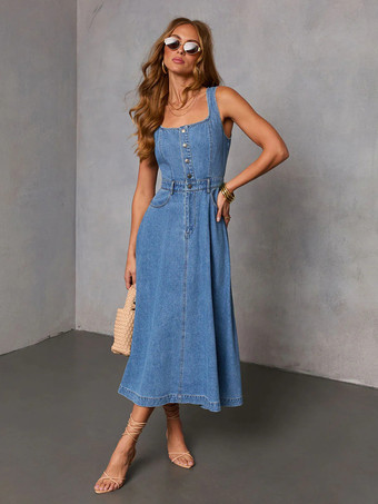 レディース用ノースリーブミディデニムドレス - ミディアムブルースクエアネックボタンアップフィット＆フレアジーンズサマードレス - 夏のカジュアルピクニック 2026