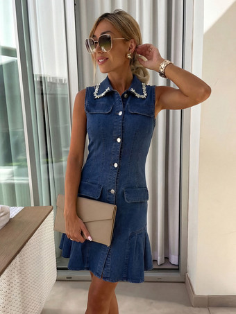 レディース用ノースリーブミニデニムドレス - ダークブルーのビーズ付き襟、ボタンアップ、フリル裾、スリムフィットジーンズドレス - 夏のカジュアルパーティー 2026