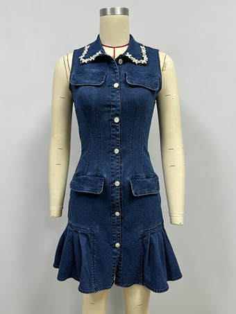 レディース用ノースリーブミニデニムドレス - ダークブルーのビーズ付き襟、ボタンアップ、フリル裾、スリムフィットジーンズドレス - 夏のカジュアルパーティー 2026