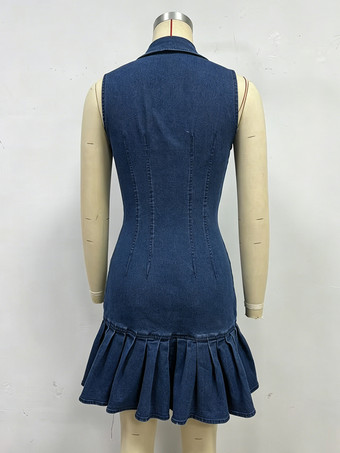 レディース用ノースリーブミニデニムドレス - ダークブルーのビーズ付き襟、ボタンアップ、フリル裾、スリムフィットジーンズドレス - 夏のカジュアルパーティー 2026