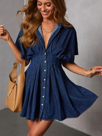 レディース半袖ミニデニムドレス - ダークブループリーツウエストボタンダウンデニムシャツドレス - 夏のカジュアルパーティー 2026
