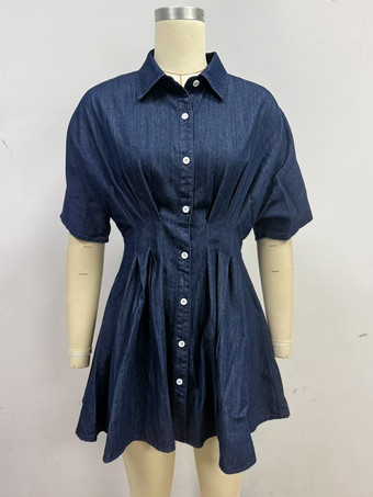レディース半袖ミニデニムドレス - ダークブループリーツウエストボタンダウンデニムシャツドレス - 夏のカジュアルパーティー 2026