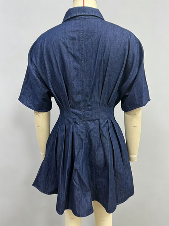 レディース半袖ミニデニムドレス - ダークブループリーツウエストボタンダウンデニムシャツドレス - 夏のカジュアルパーティー 2026